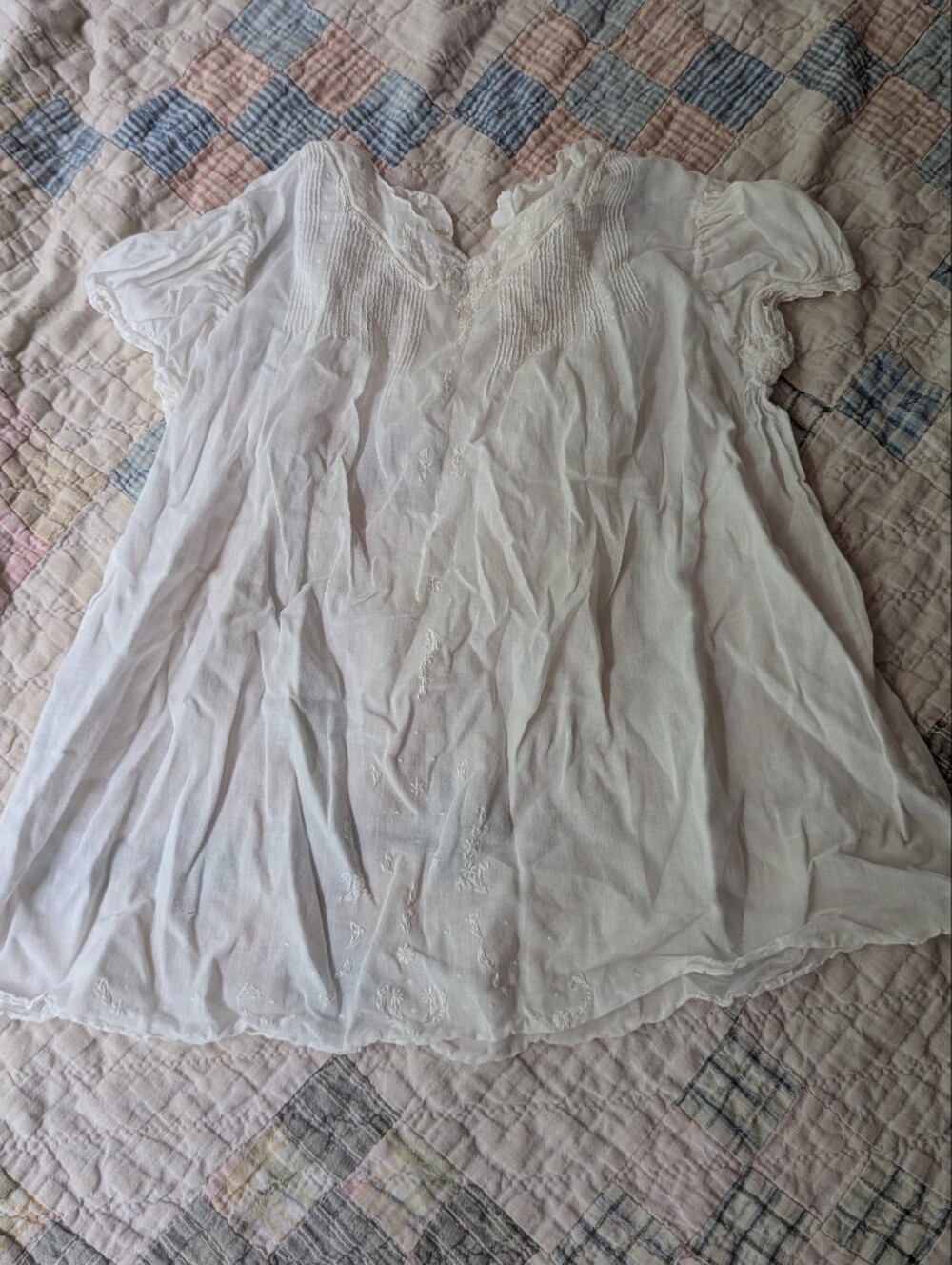 Vintage Infant White Cotton Dress With Embroidery.